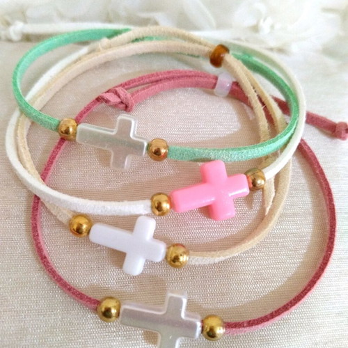 Handmade baptism witness bracelets with suede cords and crosses