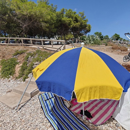 Beach umbrella used with carrying case and sand anchor