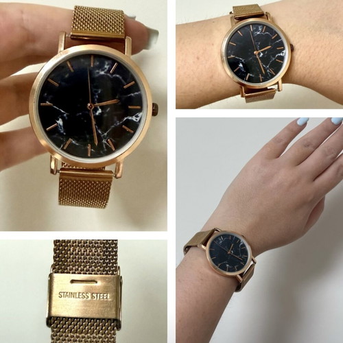 Minimalist watch new, stainless steel rose gold black marble unisex