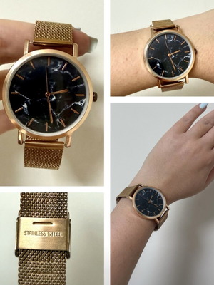Minimalist watch new, stainless steel rose gold black marble unisex