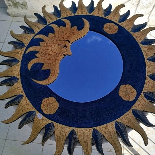 Wooden sun design mirror handmade patinated new
