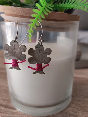 Silver tree earrings with pink waxed thread, 925 silver