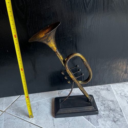 Vintage decorative musical instrument 30 cm with base, bronze finish