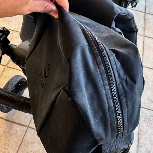 Stokke Xplory X Rich Black stroller used with gift bag set, changing mat, pouch
