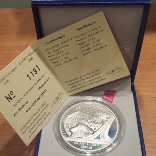 France 6.55957 Francs 2000 silver Art Moderne coin new with box and COA