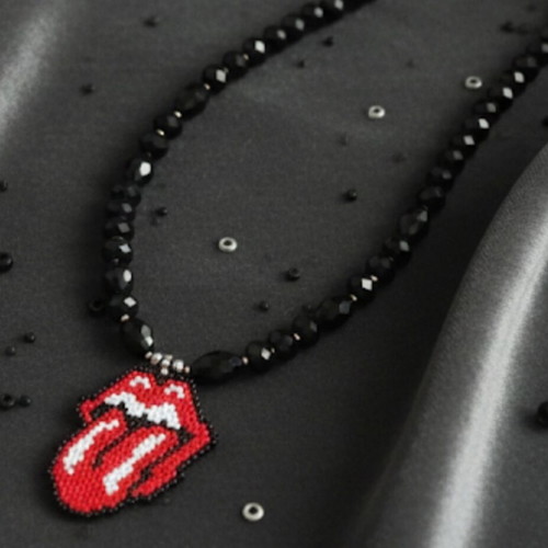 Handmade Rolling Stones rock necklace with Miyuki and black crystal beads