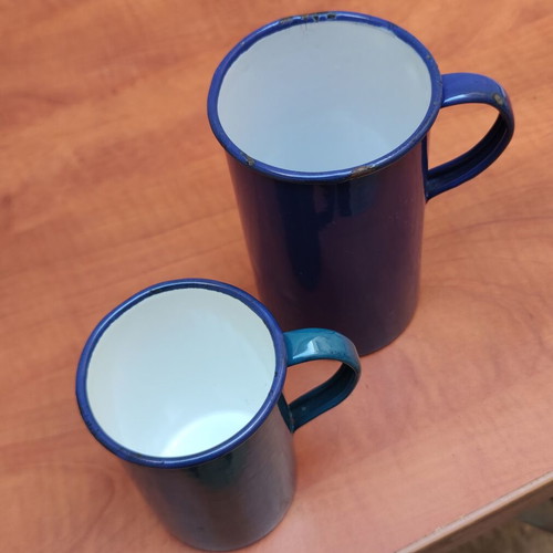 Pair of vintage enamel wine measures, authentic 1950-70