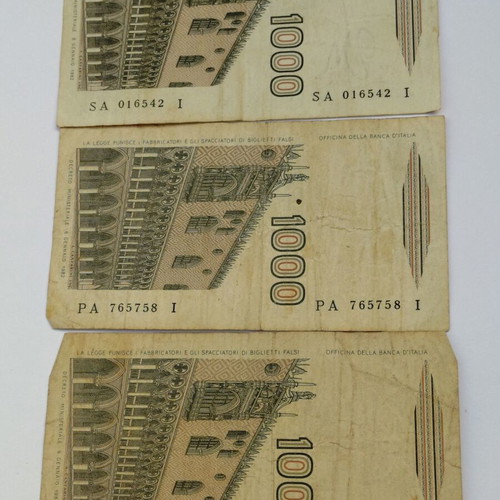 Set of 3 Italian 1,000 Lire banknotes 1982