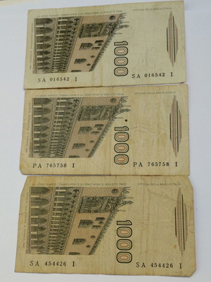 Set of 3 Italian 1,000 Lire banknotes 1982