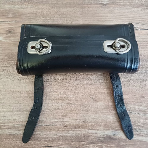 Leather bicycle tool bag used, vintage black with metal clasps