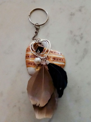 Handmade Valentine's heart keychain with feathers and beads, new, white and brown