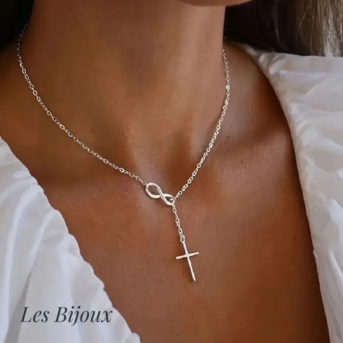 Necklace from Stainless Steel with Infinity and Cross Silver Tone