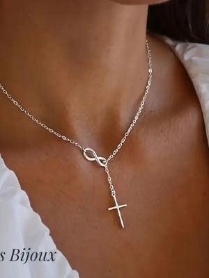 Necklace from Stainless Steel with Infinity and Cross Silver Tone