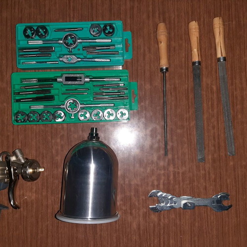 Hand tools new, set for faucets, files, wrenches, allen keys and paint gun