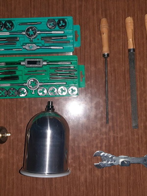 Hand tools new, set for faucets, files, wrenches, allen keys and paint gun