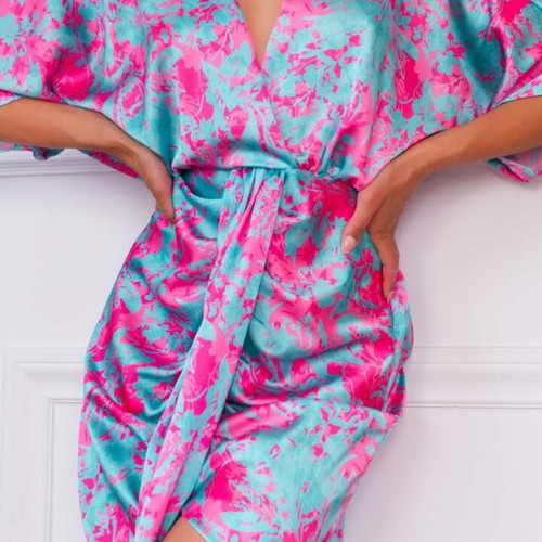 Midi dress new, printed satin, one size, blue pink
