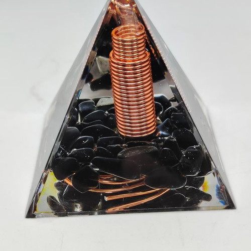 Orgonite pyramid with black obsidian and copper like new