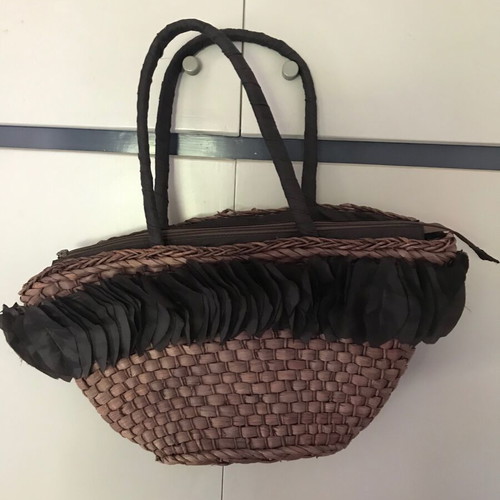Large straw handbag like new, brown with satin details