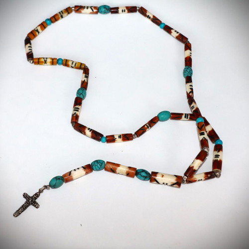 Rosary necklace new with carved bones, semi-precious stones and 925 silver cross