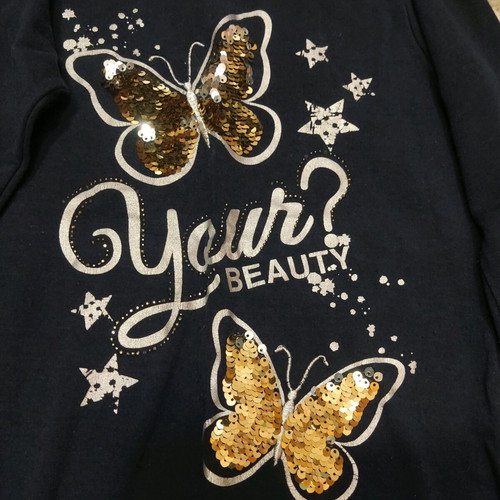 Long blouse with butterfly sequin design like new, blue, size 122 cm