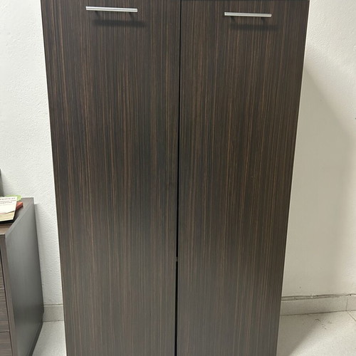 Office furniture set with wardrobe, drawers and support unit, dark wood