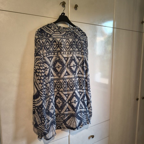 Mia blue and white transparent tunic shirt with sequin V neckline, 4XL