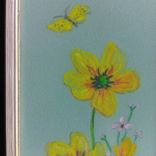 Pastel painting on cardboard 51x18 cm like new under glass