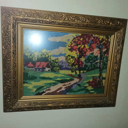 Vintage embroidered paintings, set of two with carved frame