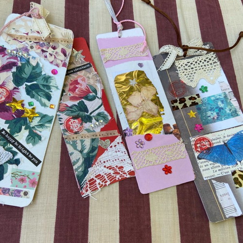 Handmade bookmarks with lace, fabric and collage, set of 4, new
