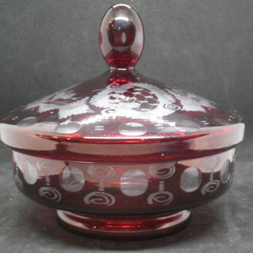 Bohemian antique prewar ruby Egermann fondant dish used