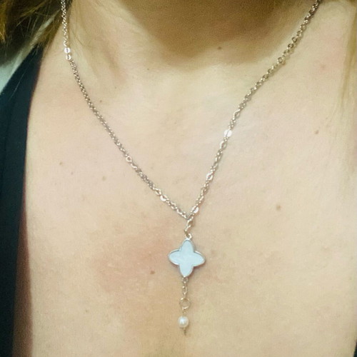 Stainless steel handmade necklace with white cross and pearl new