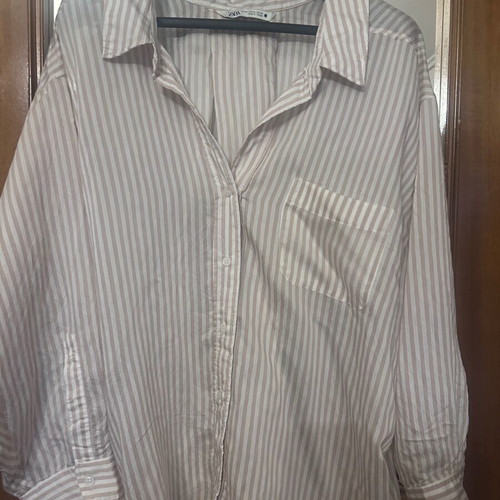Zara Oversized Neutral Striped Button-Up Shirt Size XL Like New