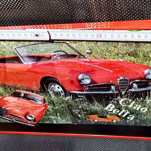 Alfa Romeo Giulietta Spider retro poster "Ciao Bella" with frame and protective glass