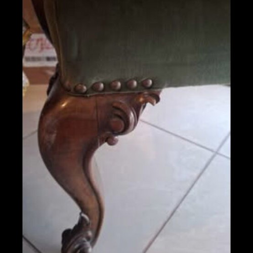 Classic vintage armchair solid walnut wood, velvet upholstery, olive green