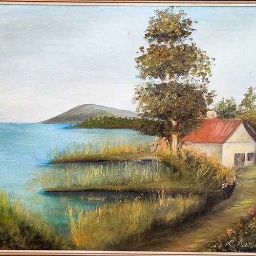 Oil painting on canvas signed by S. Loukisa, used, 70×60 cm with frame