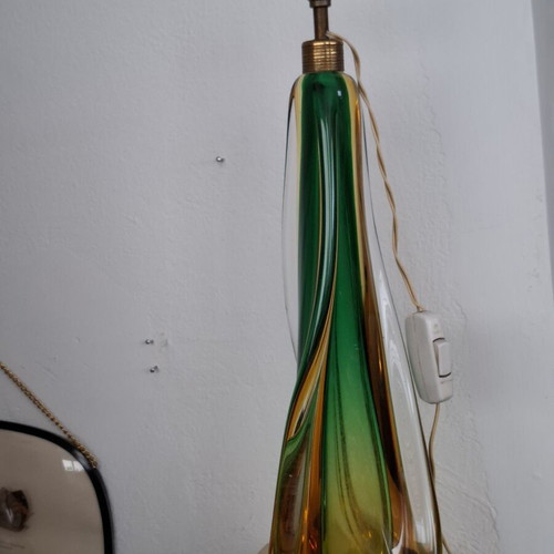 Murano Sommerso Table Lamp used, hand-blown green and amber glass with brass ring