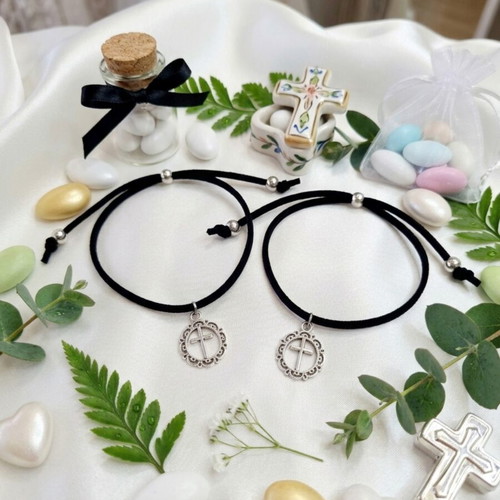Set of 50 black suede martyrika bracelets with cross, adjustable size