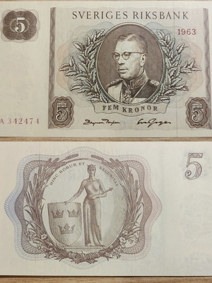 5 Kronor Σουηδίας χαρτονόμισμα 1963 ακυκλοφόρητο