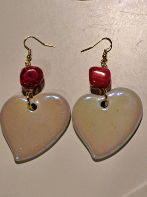 Earrings with ceramic heart and fuchsia nephrite, like new