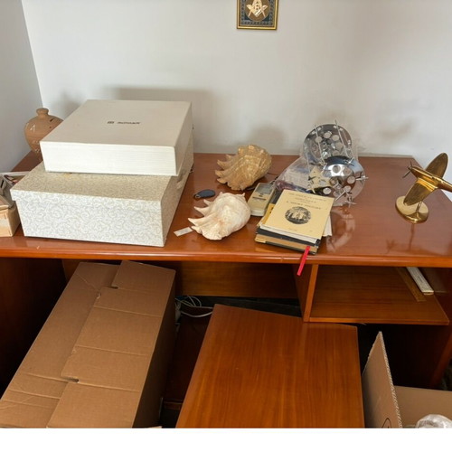 Wooden desk used with built-in shelf and three drawers