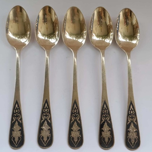 Silver 925 Tea Spoons Siam Set of 5 Used with Black Enamel Handles