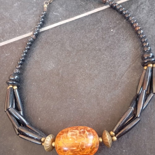 Vintage Boho Necklace with Large Amber Resin Bead and Black Elements like new