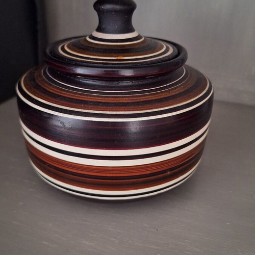 Ceramic traditional handmade container with lid, used, 1970s