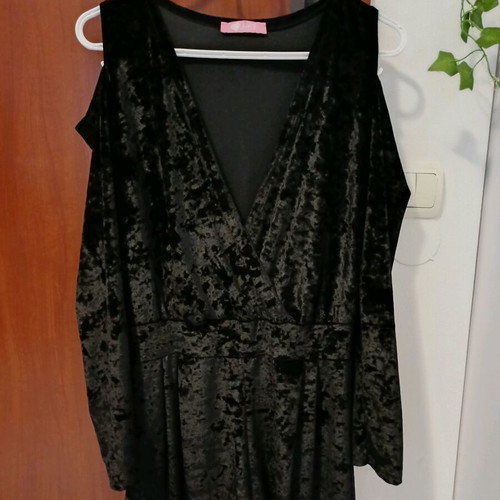 Black velvet jumpsuit like new with deep neckline and off-shoulder design