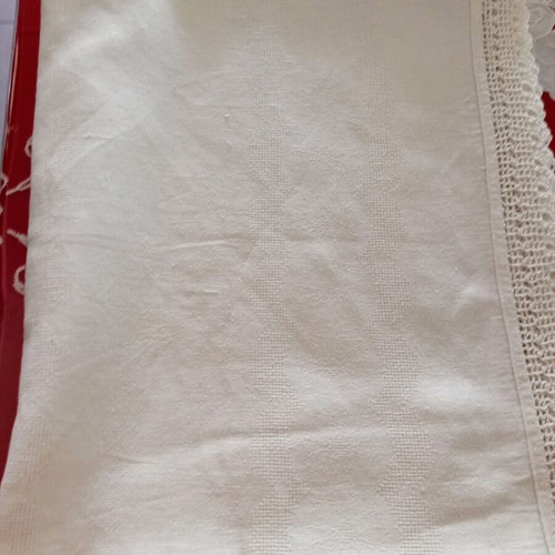 Handmade white tablecloth with thick crochet lace, like new