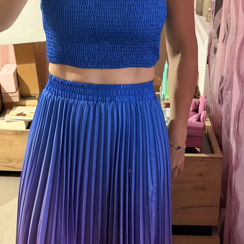 Two-piece set with strapless top and pleated maxi skirt ombre blue-lilac like new