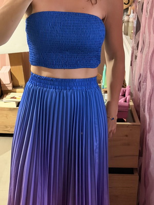 Two-piece set with strapless top and pleated maxi skirt ombre blue-lilac like new