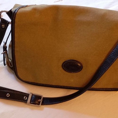 Women's crossbody bag like new, khaki fabric with brown leather straps