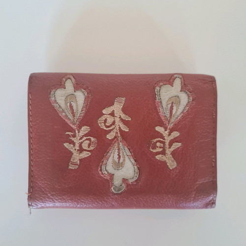 Leather women's wallet used, handmade, red with white flowers