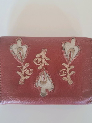 Leather women's wallet used, handmade, red with white flowers